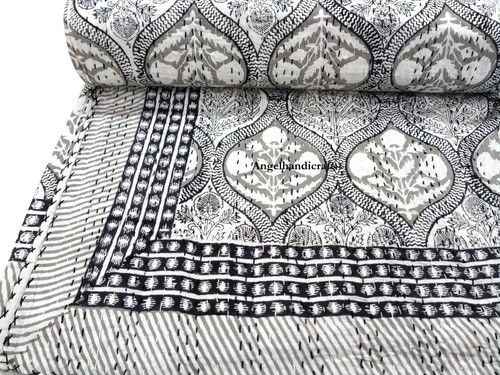 Indian Handmade Cotton kantha Bedspread/Throw, Reversible Queen Coverlet, Quilt - Picture 3 of 9