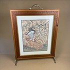 Antique Japanese Fire Screen Oriental Fireguard Hand-stitched Geisha Wood Brass