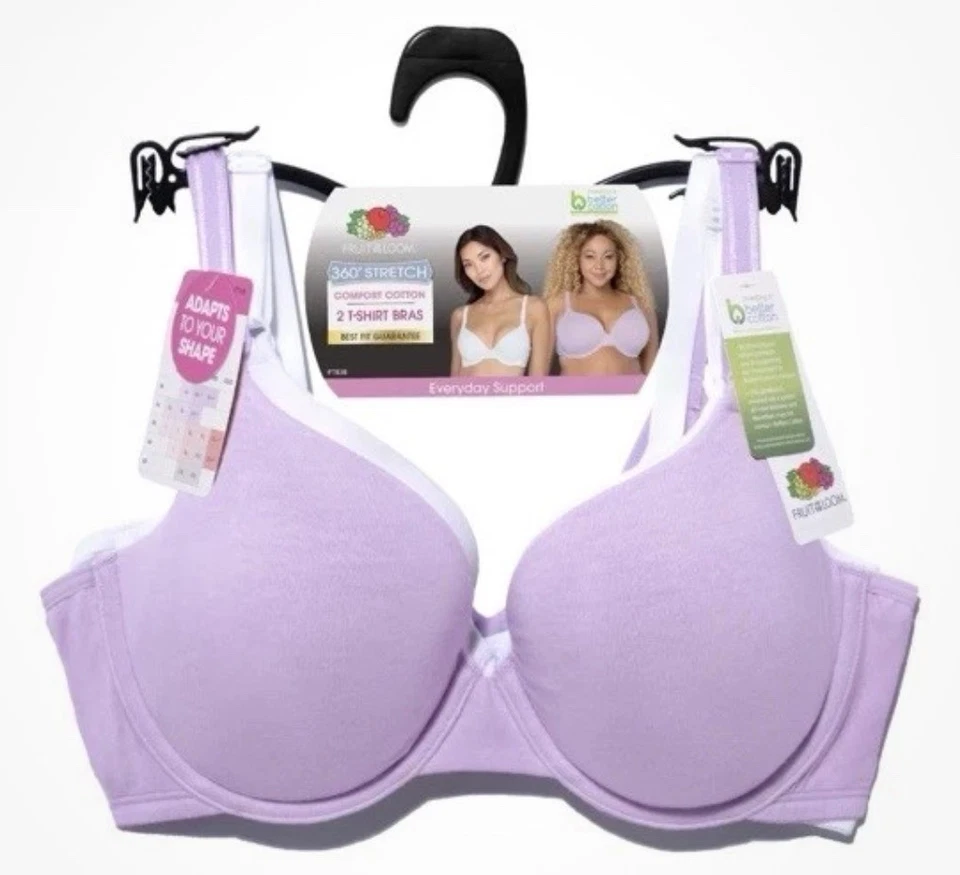 Paquete de 2 camisetas sujetadores Fruit Of The Loom de algodón cómodo para mujer talla XL blanco lila Foto 2 de 4