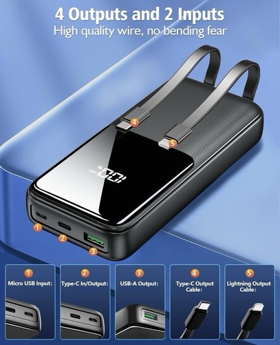 Powerbank szybkie ładowanie 15000mAh, przenośna ładowarka z wbudowanymi kablami, - Zdjęcie 5 z 7