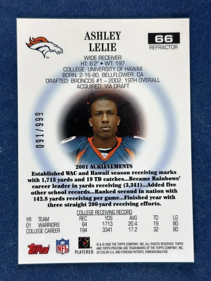 2002 Topps Pristine Refractor #66 Ashley Lelie Broncos /999 - Image 2 of 2