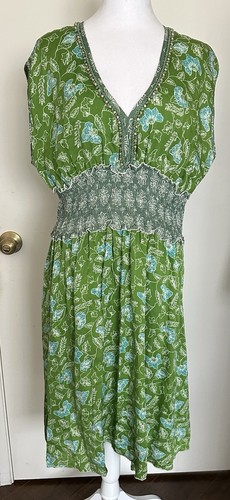 Basil & Maude Women’s Dress Empire Waist Green Floral 100% Silk Size XL Beaded - 第 3/14 張圖片