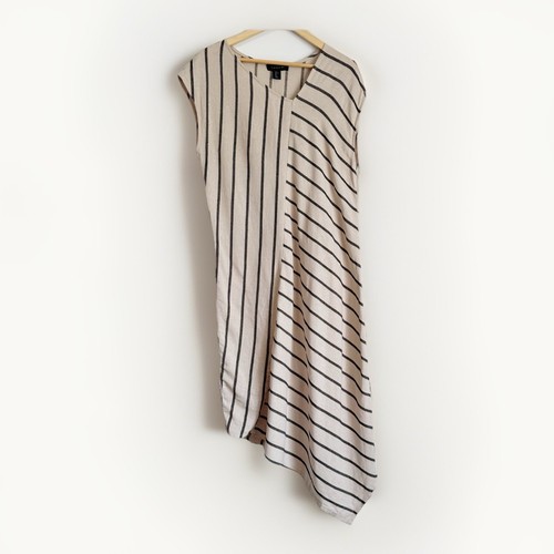 Tahari Women’s Asymmetrical Stripe Linen Midi Dress Size L Woven Beach Travel