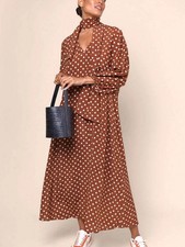 Rixo Raeya brown Copper Silk Dress polka dot Relaxed Fit With Neck Tie L UK14