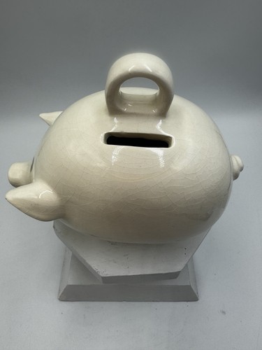 Vintage Art Pottery Ceramic Coin Piggy Bank White Glaze With Handle 6.5x5.5” - Picture 4 of 6