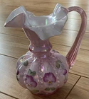 Fenton Beaded Melon Pitcher Overlay Pink Iridescent Handpainted Pansies