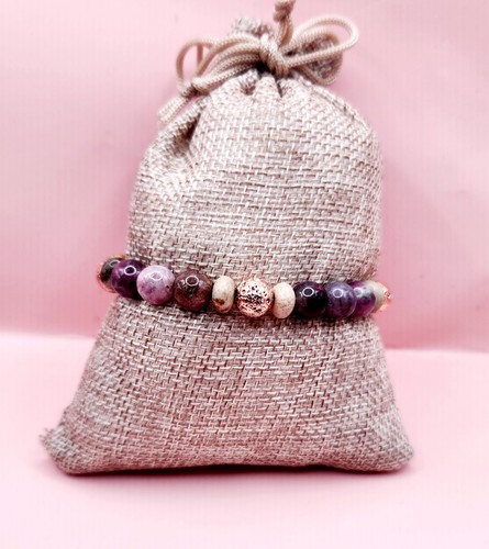 Watermelon Tourmaline, Picture Jasper, and Lava Rock Beaded Bracelet - Picture 3 of 6