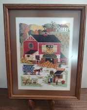 Framed Needlepoint Cross Stitch Pumpkin Patch Country Scene Barn Cider Apple Pie