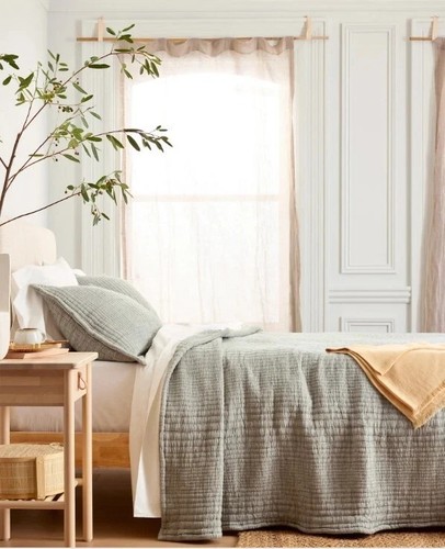 Quince King/Cali King Green Organic Cotton Channel Stitch Coverlet Set - Picture 6 of 7