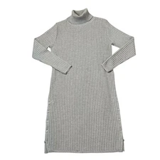 Biana Ribbed Turtleneck Sweater Dress Size S Gray 100% Italian Wool Minimalist