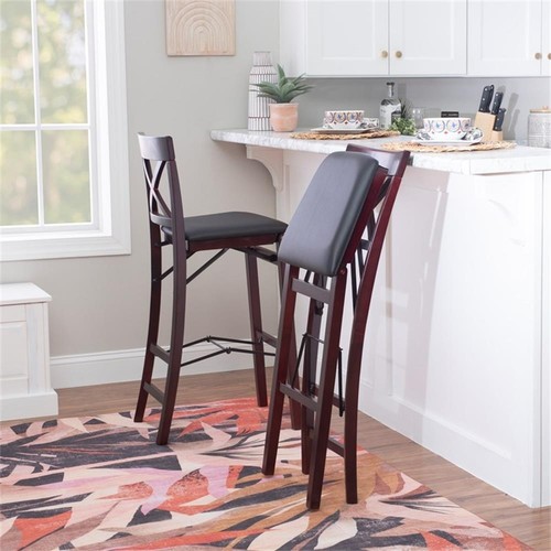 Linon Triena X-Back Folding 30" Bar Stool Brown Faux Leather Seat in Merlot Wood - Picture 2 of 16