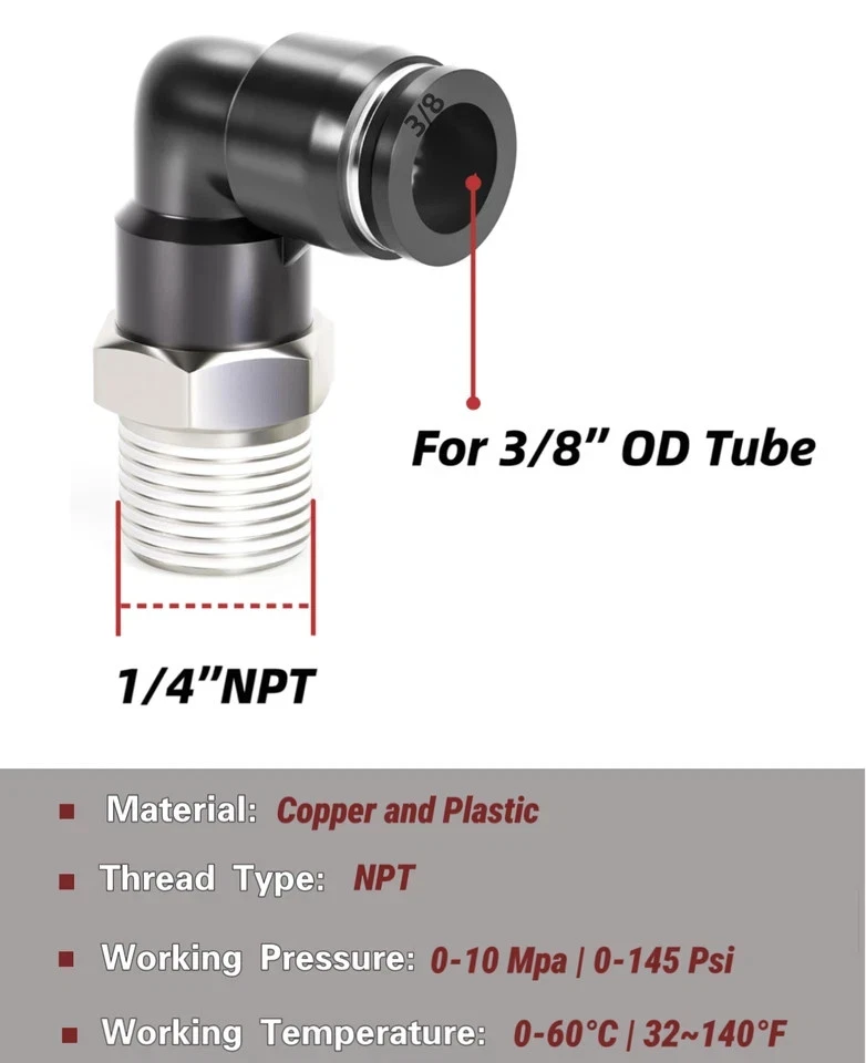 3/8'' Tube OD to 1/4'' NPT Male Thread Push to Connect Fittings Elbow Black 5Pcs - Image 3 of 4