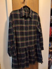 UNIQLO New Wm's Green Blue Plaid Long Sleeve Tiered Flannel Mini Dress Sz XS