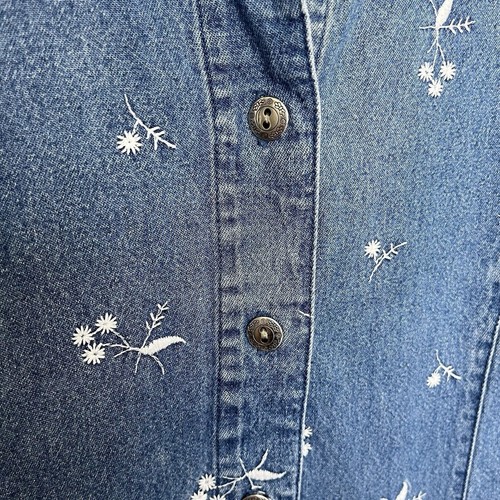 Vintage Y2K Denim Jeans Blumen bestickt Langarm geknöpft Maxikleid Medium - Bild 7 von 8