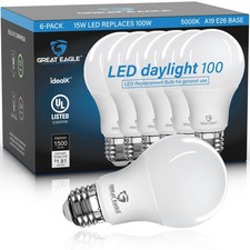 Great Eagle A19 LED Light Bulbs 100 Watt 6 Count Pack of 1 , 5000k Daylight