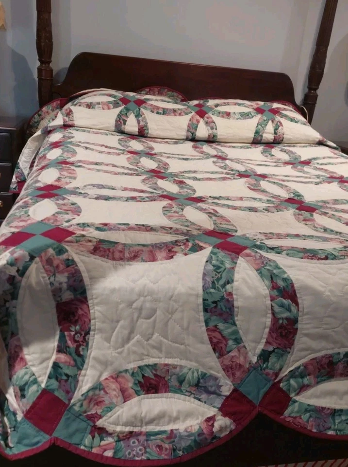 Anillo de boda doble artesanal edredón rey rosa verde azulado Joan Messmore Rosas juego de 2 tonos Foto 4 de 4