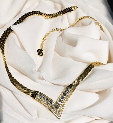 アクセサリー Vintage Christian Dior Design Necklace Vintage Christian Dior Chevron Crystal Gold Plated Necklace Signed