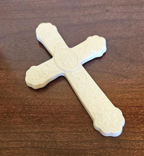 Porcelain Cross Floral Design Wall Hanging Ivory Color Christian 4" x 6" - Picture 2 of 4