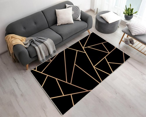 Black Gold Geometric Rug | Modern Luxury Carpet | Elegant Home Decor Mat, Marble - Picture 4 of 10