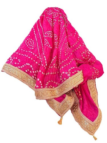 KKSM Taffeta silk Traditional Bandhani Bandhej Tie and Dye Dupatta with Lace - Picture 2 of 8