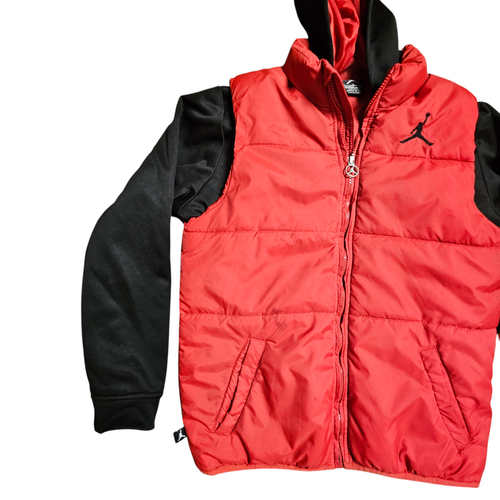 Air Jordan Full Zip Puffer Jacket Hooded Logo Sleeves Black Red Boys L Nylon - Picture 5 of 14