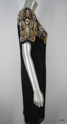 Lawrence Kazar Beaded Dress Sequin Sz L Silk Multi Black Evening Party Vintage - Picture 9 of 12