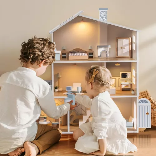 Robud Wooden Dollhouse 3 Story Doll House Set with 23 Pcs Furniture for Ages 3+