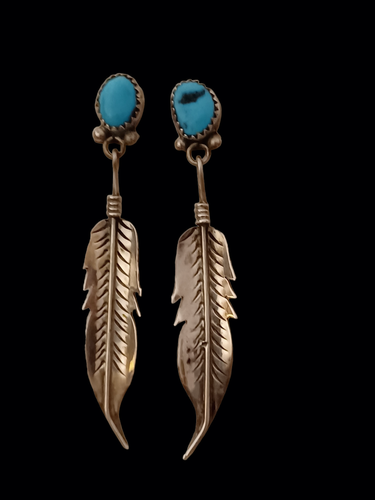 Navajo Feather Blue Turquoise Drop Dangle Stud Earrings 925 Sterling Silver