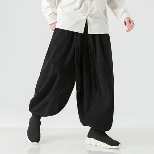 Pantaloni uomo drop crotch velluto a coste larghi casual vita elastica hippie - Foto 12 di 18