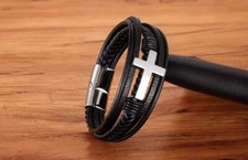 Stainless Steel BRAIDED LEATHER BRACELET Cuff Bangle Cross Magnetic clasp 8.26i