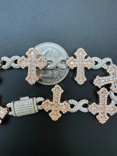 6.0 ct Round Tested Moissanite Gothic Cross link Bracelet 14k 2-Tone Gold Plated - Picture 10 of 14