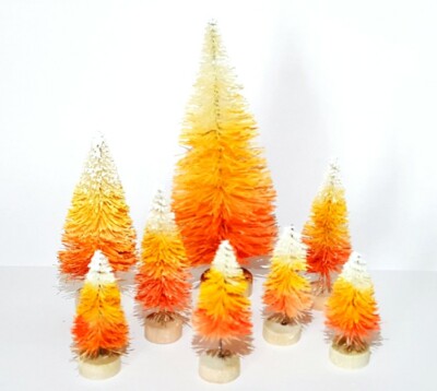 LOT 8 Mini CANDY CORN HALLOWEEN Miniature Ombre Sisal Bottle Brush Trees