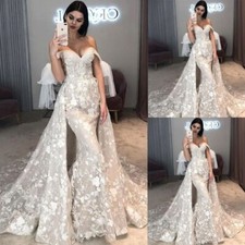 Mermaid Floral Lace Applique Wedding Dresses with Detachable Train Off Shoulder
