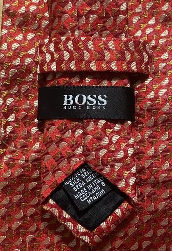 HUGO BOSS 100 % SEIDE ITALIAN MADE JACQUARD KRAWATTE ROT FELD ORANGE ELFENBEIN AKZENTE - Bild 2 von 4