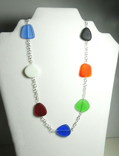 RAINBOW  PRIMARY COLOR cultured sea glass jewelry 20"+ 2" ext necklace w silver - Foto 2 di 3