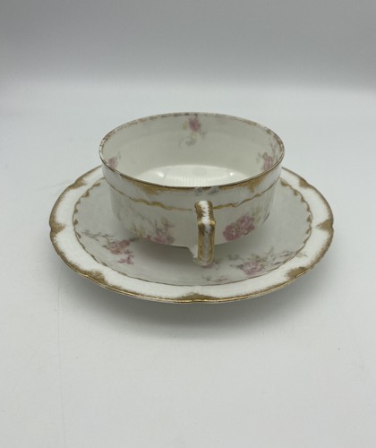 Fiori rosa Haviland Limoges con finiture in oro tazza da tè e piattino Francia - Foto 4 di 12