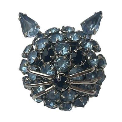 Vintage 1960s Light Blue Rhinestone Kitty Cat Head Brooch Pin Unsigned Warner 1 