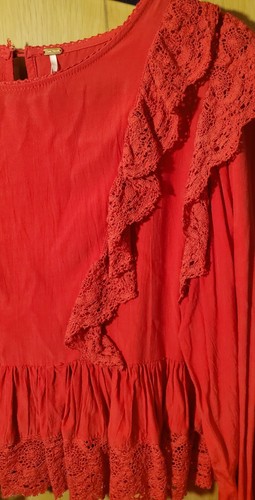 Free People Top Womens Size Petite Sm Red Ruffle Lace Blouse Petite Shirt  - Picture 8 of 17
