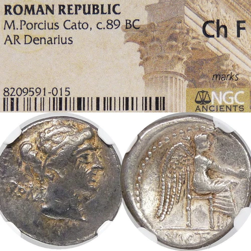 M. Porcius CATO, ROMA, VICTORY. NGC Certified Roman Republic Siver Denarius Coin
