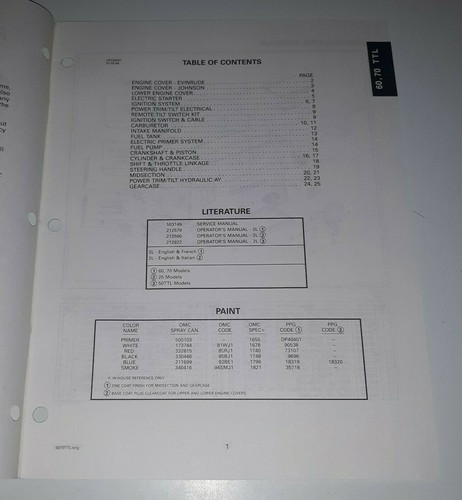 OMC Preliminary Edition Parts Catalog 50, 60, 70 TTL Models P/N 437441 7/94 - Picture 2 of 3