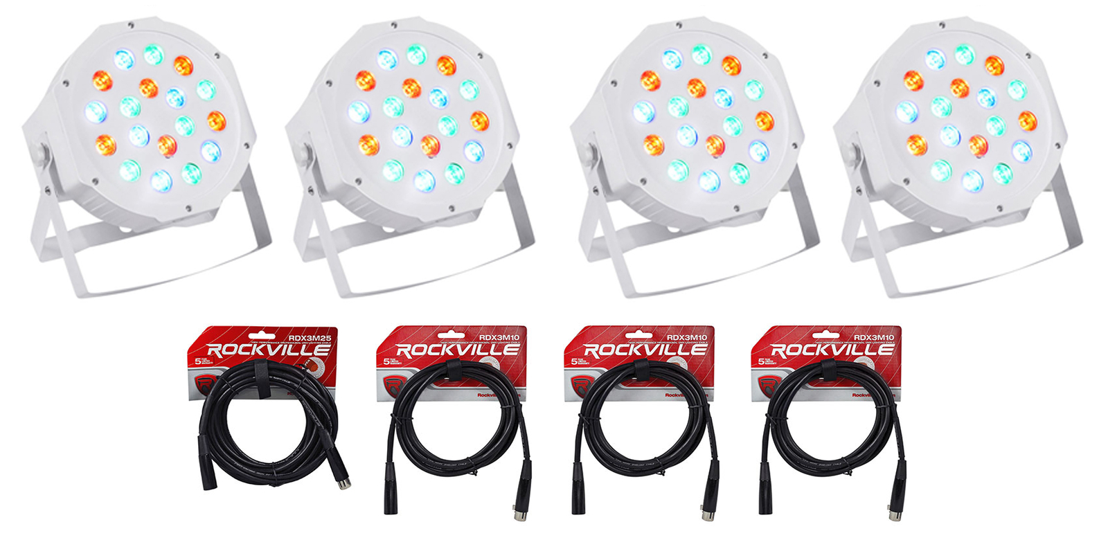 (4) Rockville RockPAR50 WHT LED RGB Par Can DJ/Club DMX-Подсветка для промывки + кабели