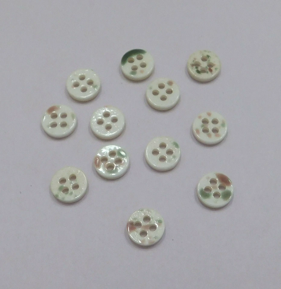 Set 12 Vintage Pastel Aqua Peach Iridescent Shell Buttons Tiny 5/16" 4-Hole Flat - Image 3 of 4