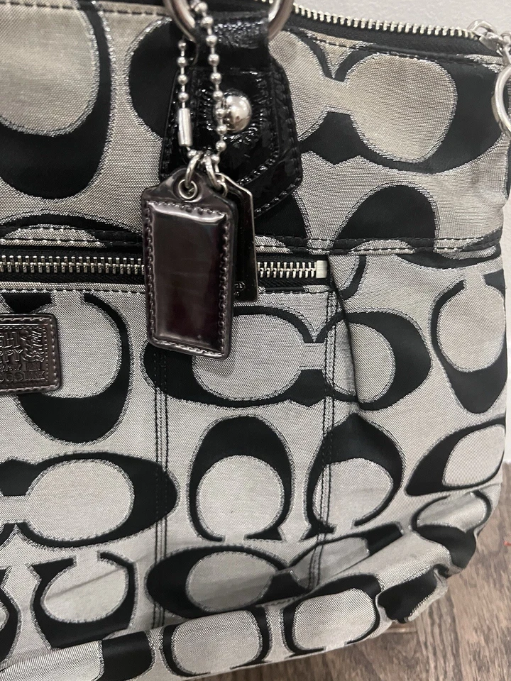 Auténtico bolso de hombro Coach grande amapola negro gris plata lona, cuero Foto 4 de 4