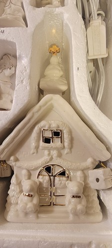 Christmas Village International Bazaar Lighted Off White Gold Church House 12 Pc - Picture 8 of 15