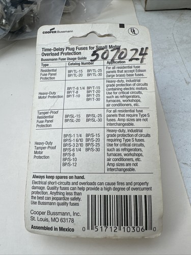 FUSE 6 1/4 amp heavy-duty time delay plug fuse Cooper Bussmann BP/T-6 1/4 - Picture 2 of 2