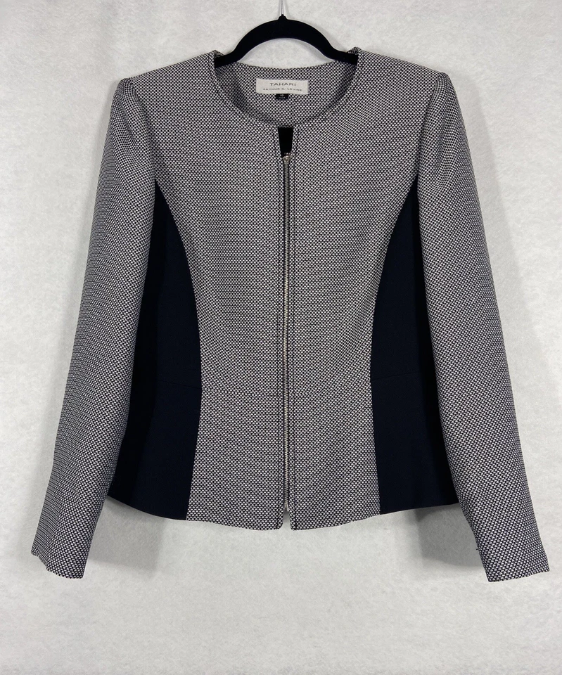 Traje Falda Tahari Asl 2 Piezas Para Mujer’s 10 Gris Negro Cremallera Completa Mangas Largas Sarga Foto 3 de 4