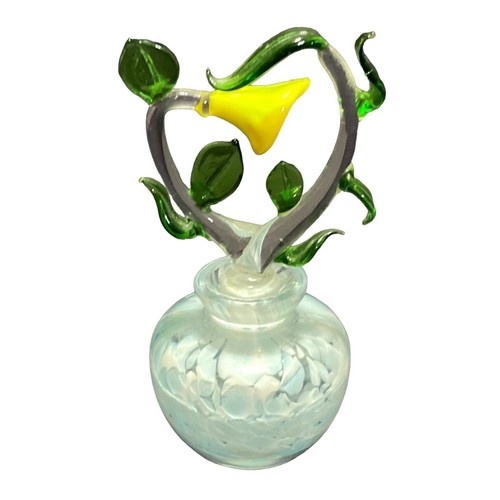 Handblown Art Glass Perfume Bottle Flower & Leaves White Swirled Bottle No Flaws - Picture 4 of 7