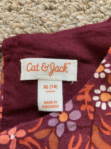 Cat & Jack Dress NWT Girls XL 14 Burgundy Floral Cotton Blend Short Sleeves - Picture 6 of 12