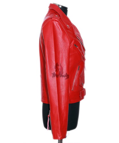 Ladies BRANDO RED Cowhide Biker Style Motorcycle Motorbike Real Leather Jacket - Picture 7 of 13
