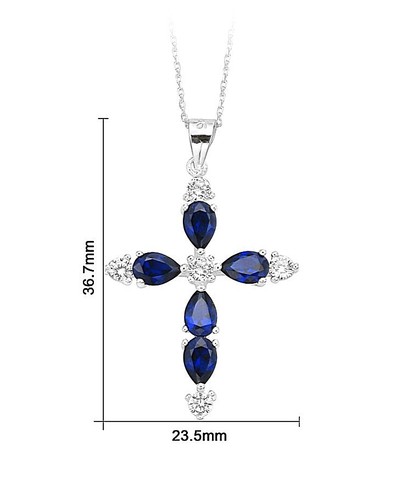 925 Sterling Silver Cross with Created Sapphire and CZ Stones Pendant Necklace - Picture 4 of 11